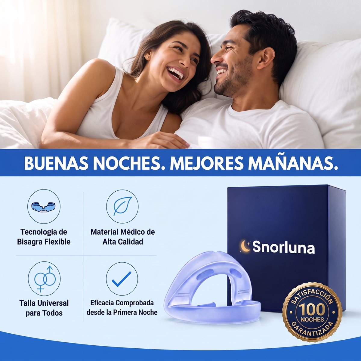 Buenas noches, mejores mañanas: bisagra flexible, material médico, talla universal, 100 noches