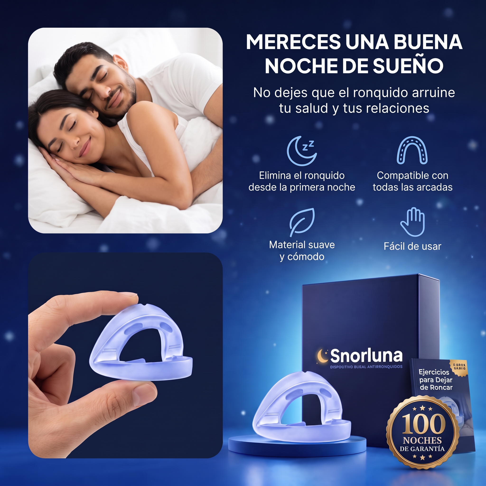 Snorluna: mereces una buena noche de sueño. Caja, e-book gratis y garantía de 100 noches
